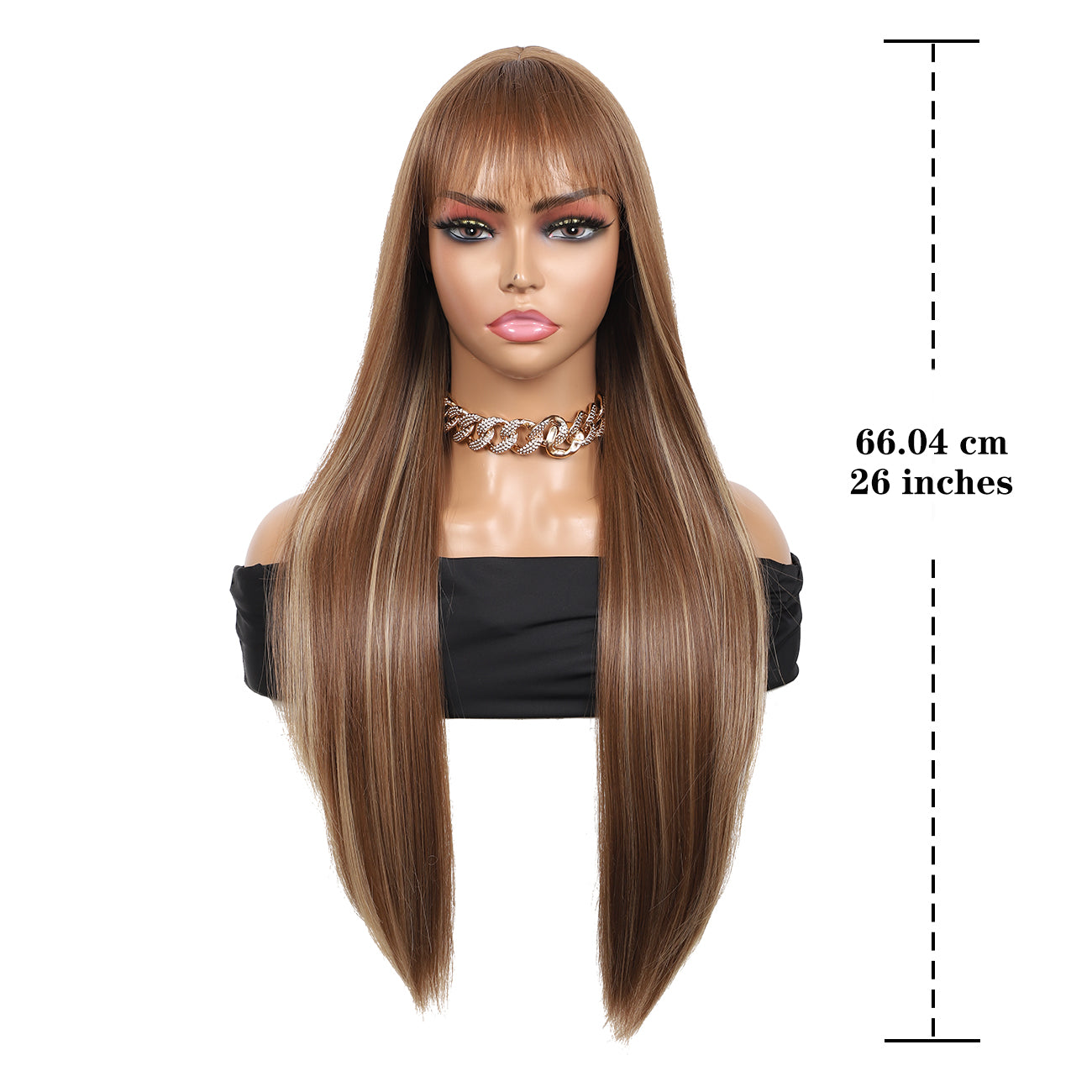 28 inches Champagne Brown Wigs Women's Silky Long Straight Wig Heat Resistant Synthetic Wig With Bangs Hair Wig for Women