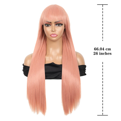 28 inches Pink Wigs Women's Silky Long Straight Wig Heat Resistant Synthetic Wig With Bangs Hair Wig for Women