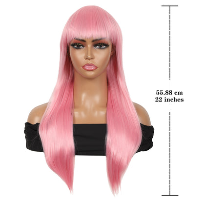 22" Long Straight Silky Smooth Synthetic Hair Wigs with Bangs for Women High Temperature Yaki Texture Full Hair Wigs for Women (Light Pink)