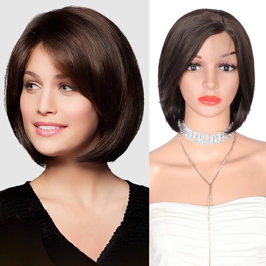 10 Inch Short Bob Wig Synthetic Lace Front Wig for Women Side Part Short Straight Wig with Curtain Bangs Natural Looking Dark brown Bob Wigs