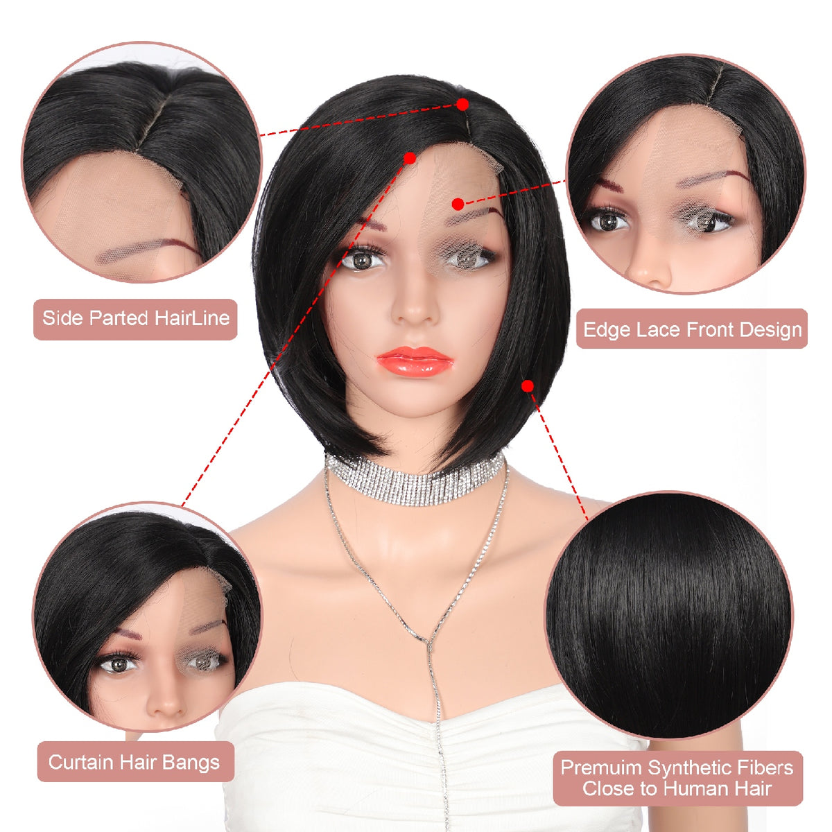 10 Inch Short Bob Wig Synthetic Lace Front Wig for Women Side Part Short Straight Wig with Curtain Bangs Natural Looking Black Bob Wigs
