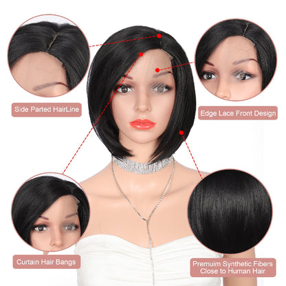 10 Inch Short Bob Wig Synthetic Lace Front Wig for Women Side Part Short Straight Wig with Curtain Bangs Natural Looking Black Bob Wigs