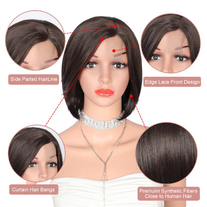 10 Inch Short Bob Wig Synthetic Lace Front Wig for Women Side Part Short Straight Wig with Curtain Bangs Natural Looking Dark brown Bob Wigs