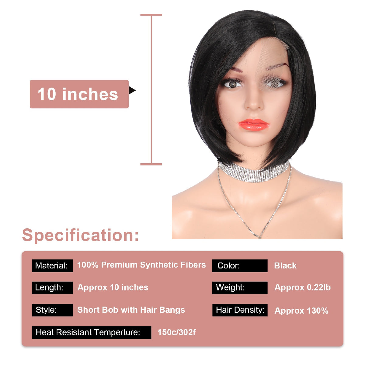 10 Inch Short Bob Wig Synthetic Lace Front Wig for Women Side Part Short Straight Wig with Curtain Bangs Natural Looking Black Bob Wigs
