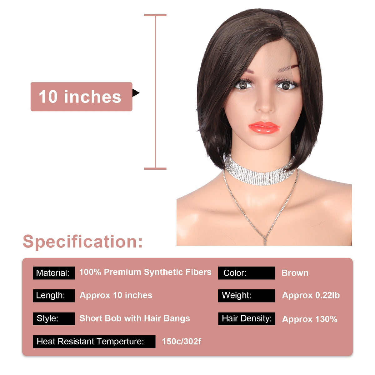 10 Inch Short Bob Wig Synthetic Lace Front Wig for Women Side Part Short Straight Wig with Curtain Bangs Natural Looking Dark brown Bob Wigs