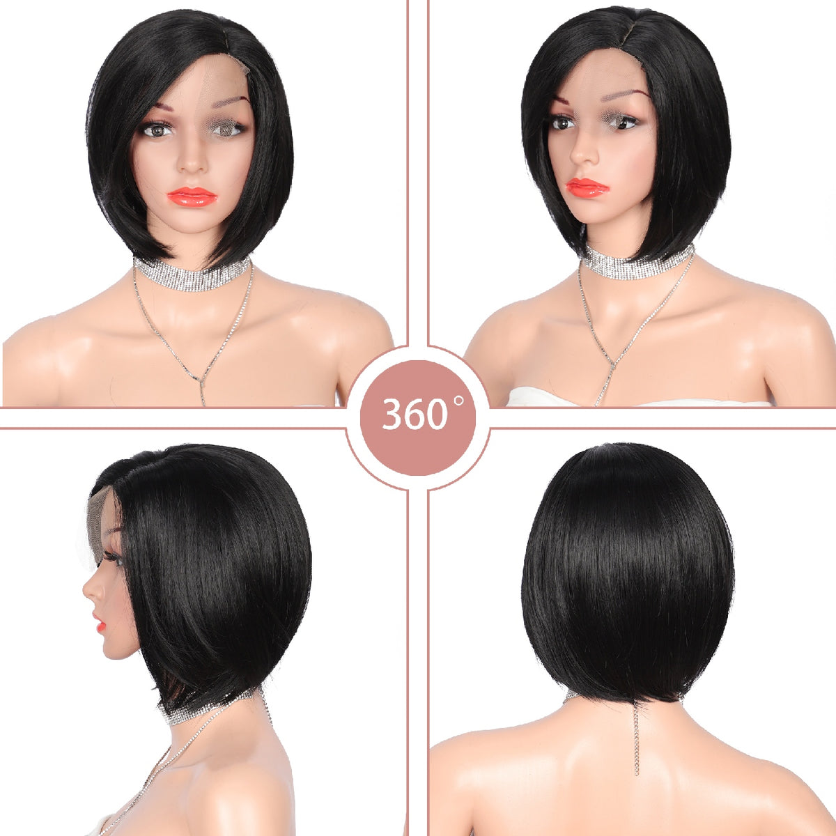 10 Inch Short Bob Wig Synthetic Lace Front Wig for Women Side Part Short Straight Wig with Curtain Bangs Natural Looking Black Bob Wigs