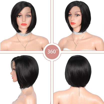 10 Inch Short Bob Wig Synthetic Lace Front Wig for Women Side Part Short Straight Wig with Curtain Bangs Natural Looking Black Bob Wigs