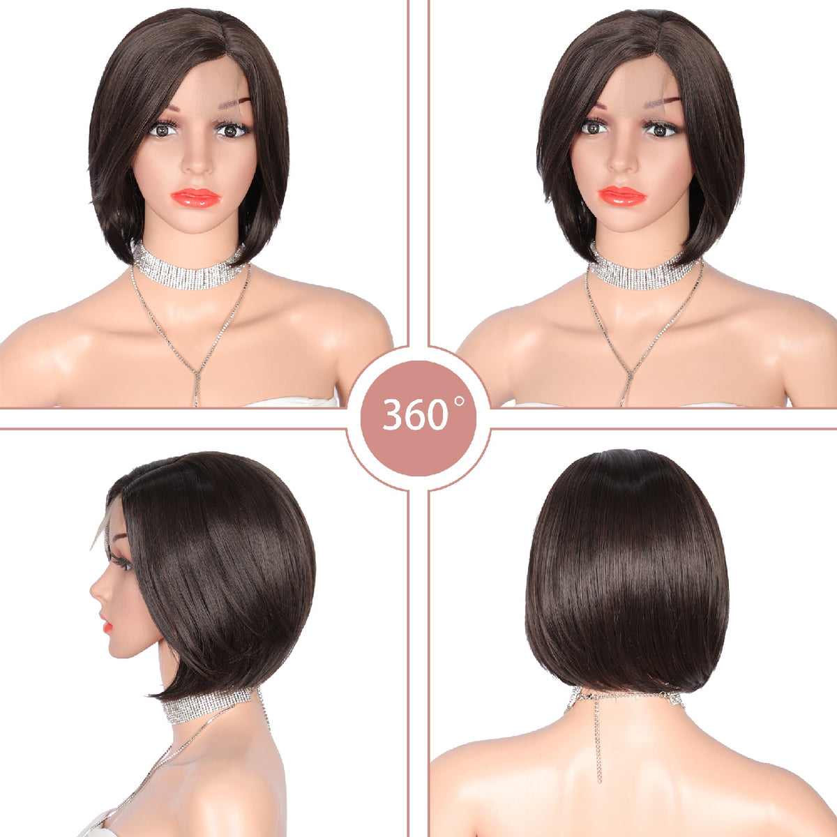 10 Inch Short Bob Wig Synthetic Lace Front Wig for Women Side Part Short Straight Wig with Curtain Bangs Natural Looking Dark brown Bob Wigs
