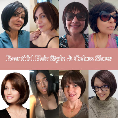 10 Inch Short Bob Wig Synthetic Lace Front Wig for Women Side Part Short Straight Wig with Curtain Bangs Natural Looking Dark brown Bob Wigs