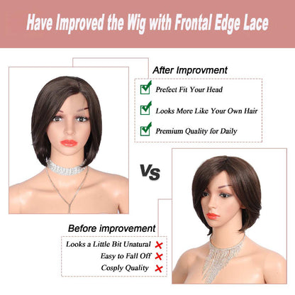 10 Inch Short Bob Wig Synthetic Lace Front Wig for Women Side Part Short Straight Wig with Curtain Bangs Natural Looking Dark brown Bob Wigs