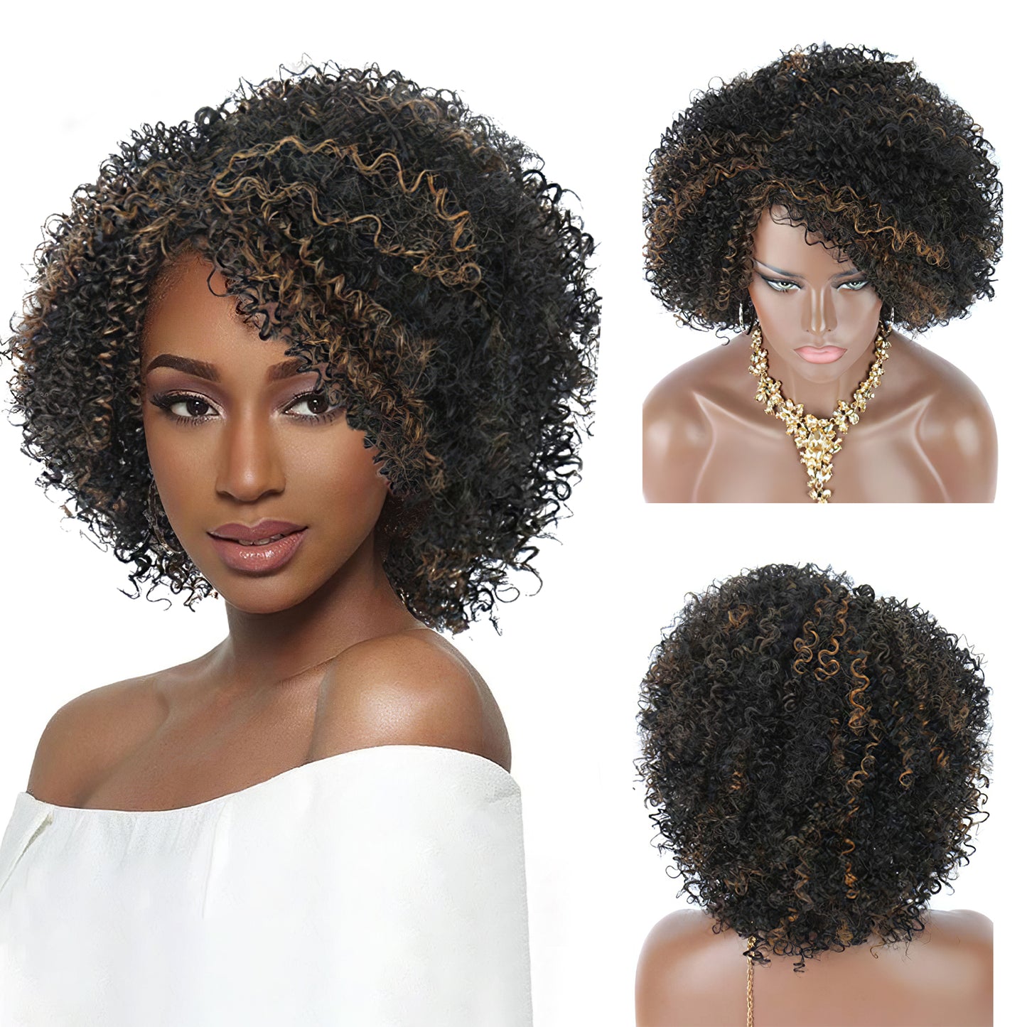 Ombre Mix Brown Highlights Short Afro Kinky Curly Wigs for Black Women Premium Synthetic Hair Wigs with Hair Bangs 150% Density Bouncy and Full Natural Looking Hair Wigs
