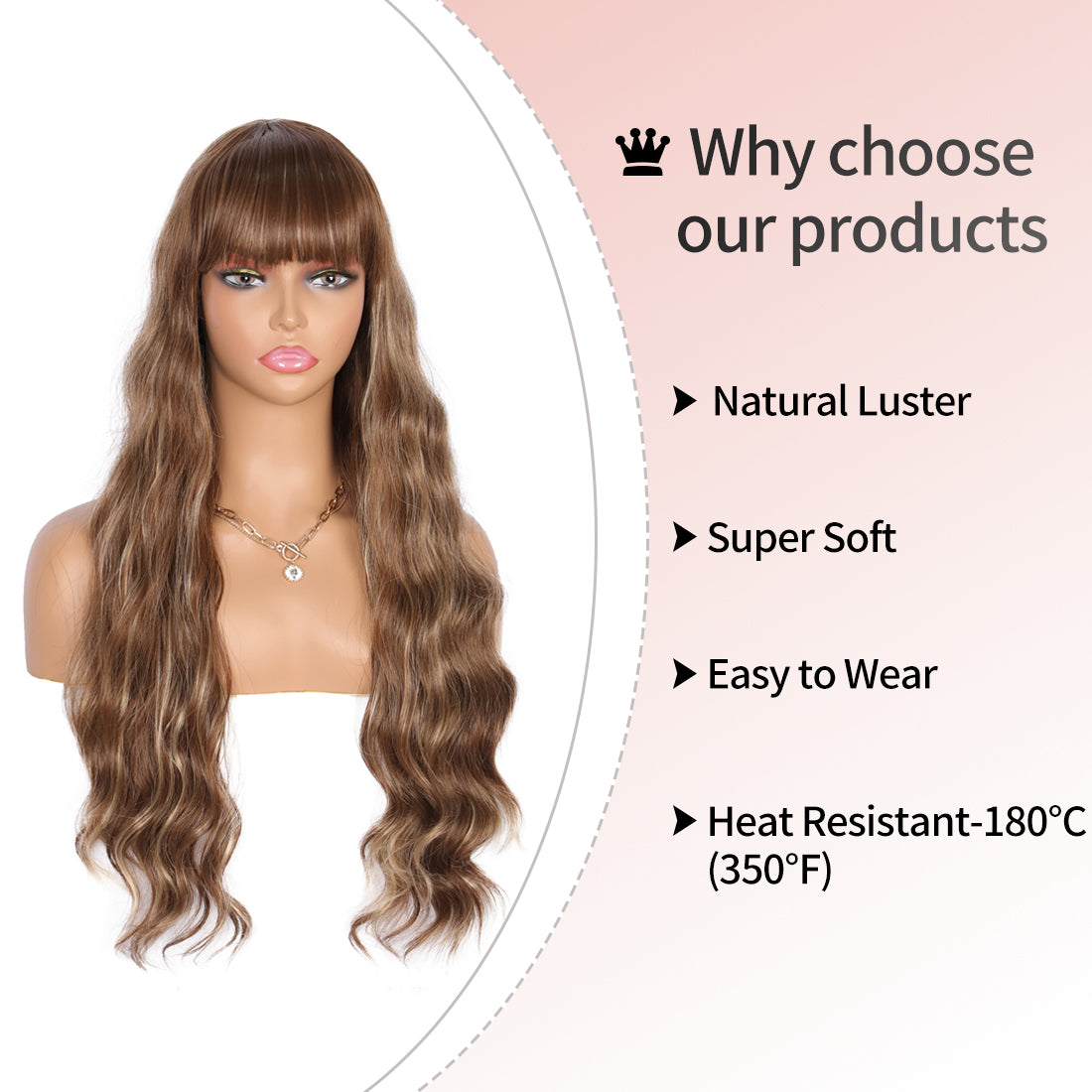26 Inches Curly Wavy Synthetic Champagne Brown Wigs with Hair Bangs Heat Resistant Synthetic Wigs for Women Natural Looking Women's Costume Cosplay or Daily Wear Hairpiece