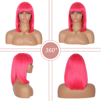 Bob Wigs for Women Short Straight Bob Wig with Hair Bangs Natural Looking Heat Resistant Synthetic Hair Wigs for Women 13 Inches (Hot Pink)