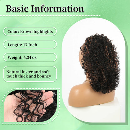 Drawstring Ponytail for Women Deep Curly Ponytail Synthetic Mixed with Human Hair Ponytails Brown Highlights Afro Kinky Curly Pony for Daily wear,17 Inches