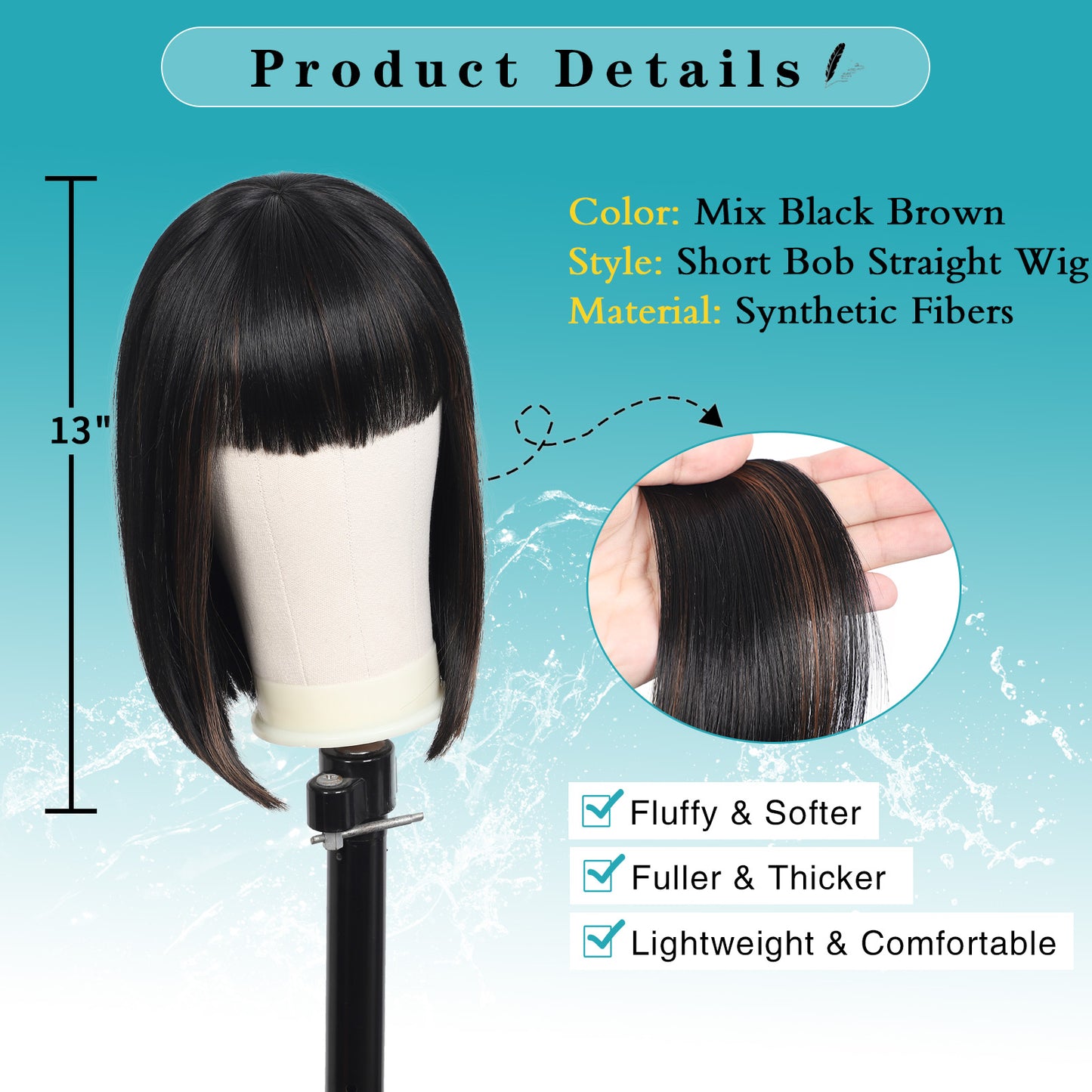 Bob Wigs for Women Short Straight Bob Wig with Hair Bangs Natural Looking Heat Resistant Synthetic Hair Wigs for Women 13 Inches (Mix Black Brown)