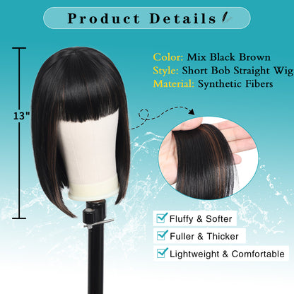 Bob Wigs for Women Short Straight Bob Wig with Hair Bangs Natural Looking Heat Resistant Synthetic Hair Wigs for Women 13 Inches (Mix Black Brown)