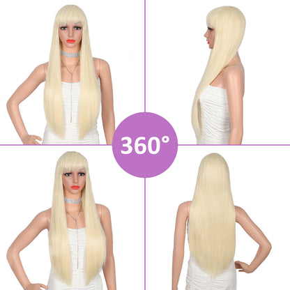 28 inches Light Blonde Wigs Women's Silky Long Straight Wig Heat Resistant Synthetic Wig With Bangs Hair Wig for Women