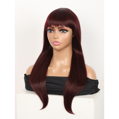 22" Long Straight Silky Smooth Synthetic Hair Wigs with Bangs for Women High Temperature Yaki Texture Full Hair Wigs for Women (Burgundy Red)