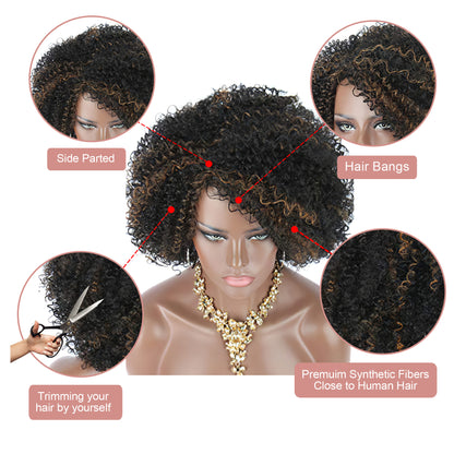 Ombre Mix Brown Highlights Short Afro Kinky Curly Wigs for Black Women Premium Synthetic Hair Wigs with Hair Bangs 150% Density Bouncy and Full Natural Looking Hair Wigs