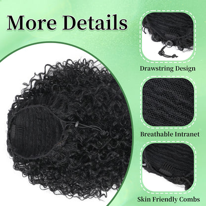 Drawstring Ponytail for Women Deep Curly Ponytail Synthetic Mixed with Human Hair Ponytails Natural Black Afro Kinky Curly Pony for Daily wear,17 Inches