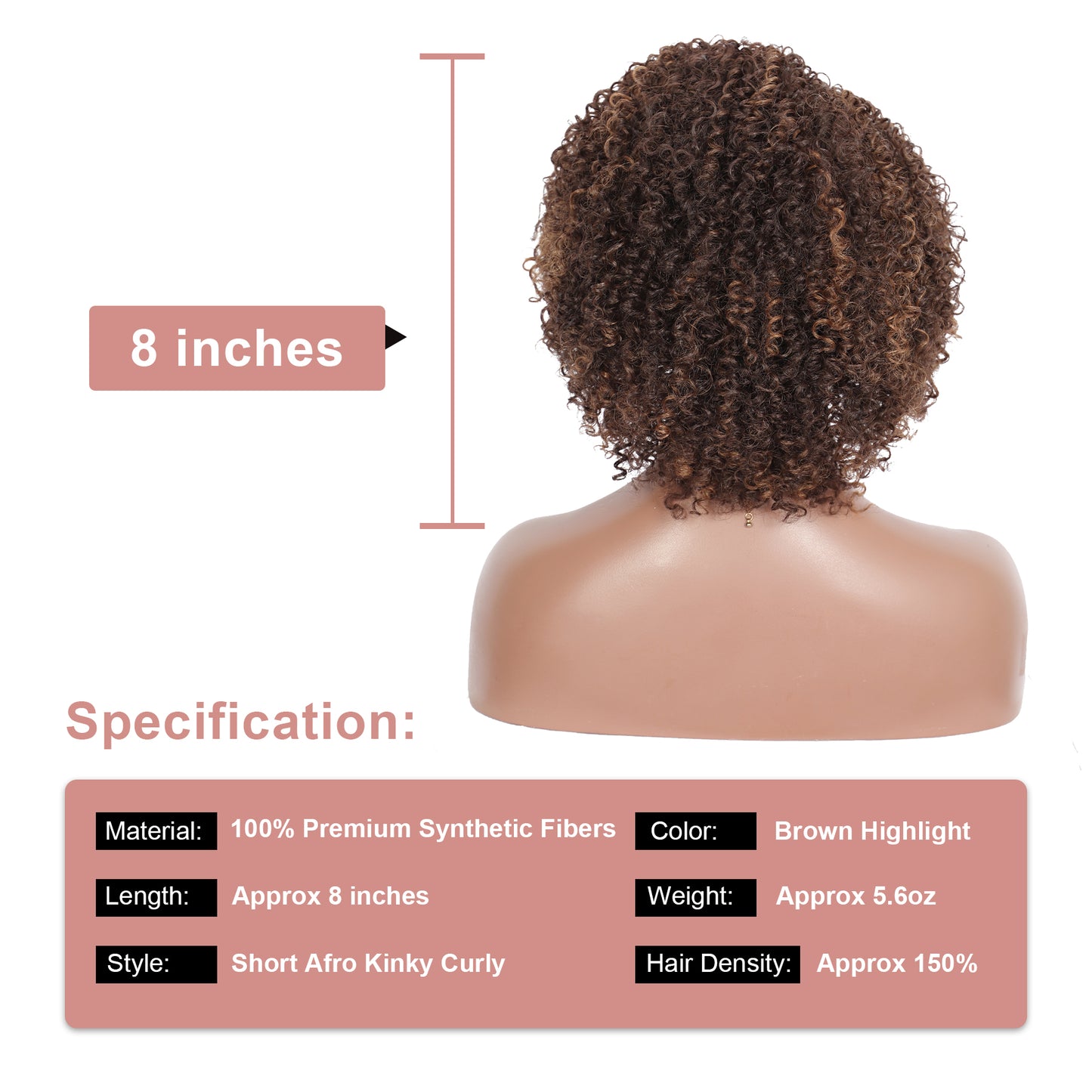 Brown Highlights Short Afro Kinky Curly Wigs for Black Women Premium Synthetic Hair Wigs with Hair Bangs 150% Density Bouncy and Full Natural Looking Hair Wigs