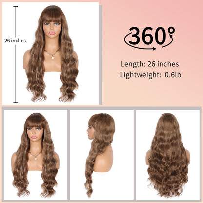 26 Inches Curly Wavy Synthetic Champagne Brown Wigs with Hair Bangs Heat Resistant Synthetic Wigs for Women Natural Looking Women's Costume Cosplay or Daily Wear Hairpiece