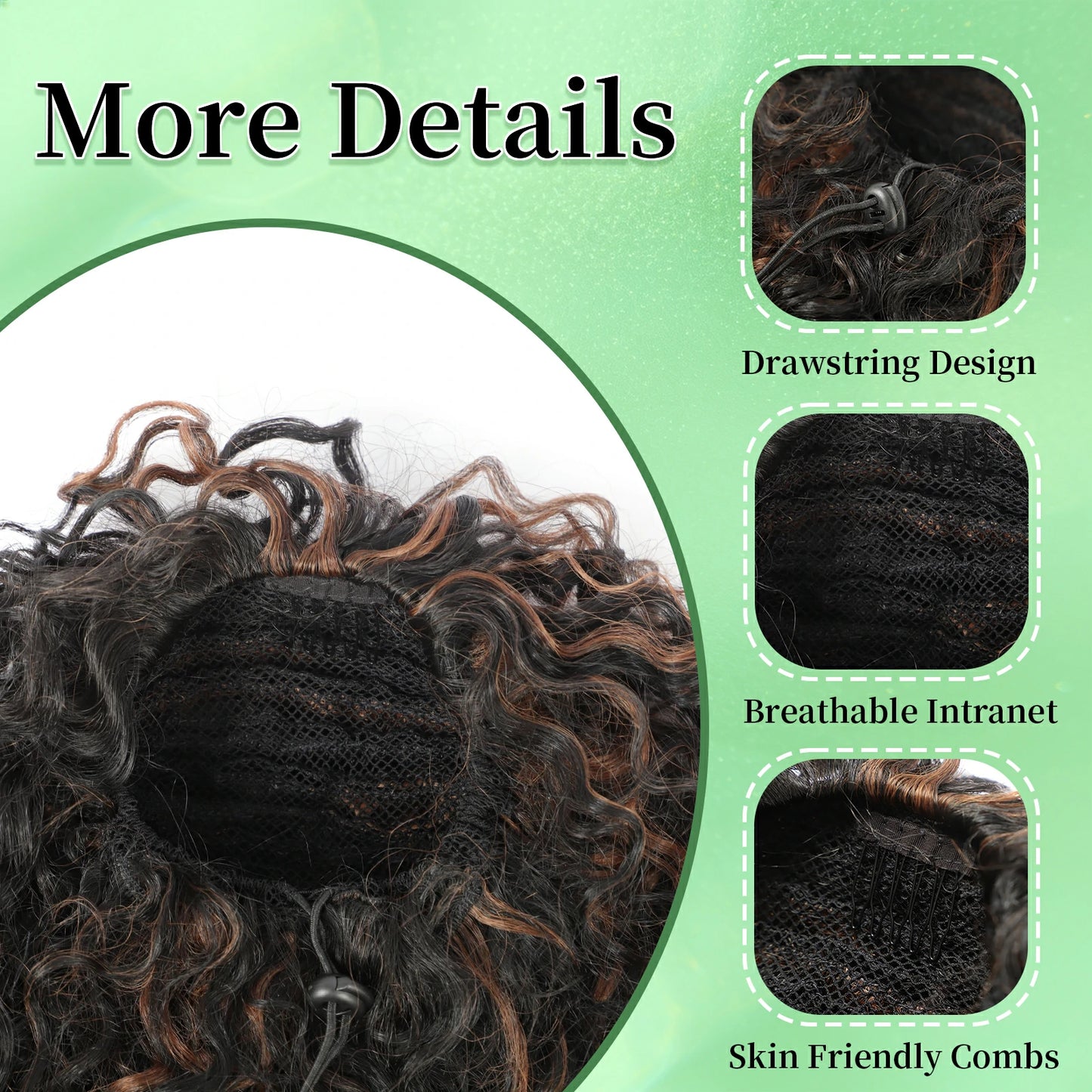 Drawstring Ponytail for Women Deep Curly Ponytail Synthetic Mixed with Human Hair Ponytails Brown Highlights Afro Kinky Curly Pony for Daily wear,17 Inches