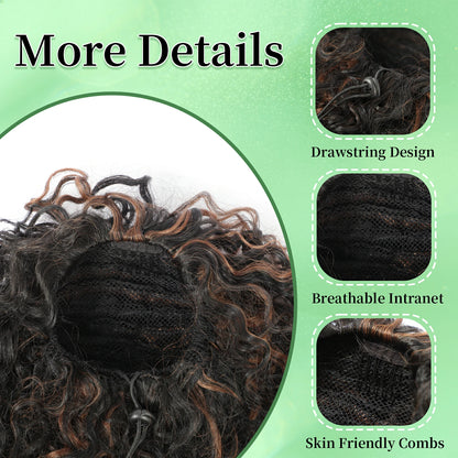 Drawstring Ponytail for Women Deep Curly Ponytail Synthetic Mixed with Human Hair Ponytails Brown Highlights Afro Kinky Curly Pony for Daily wear,17 Inches