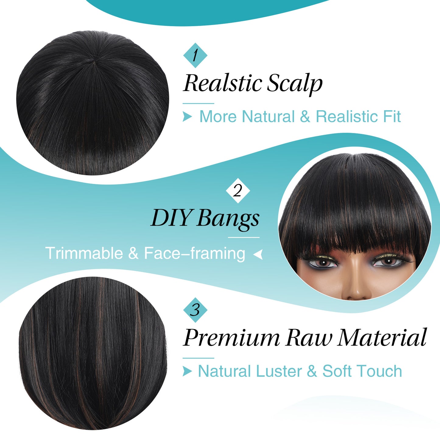 Bob Wigs for Women Short Straight Bob Wig with Hair Bangs Natural Looking Heat Resistant Synthetic Hair Wigs for Women 13 Inches (Mix Black Brown)