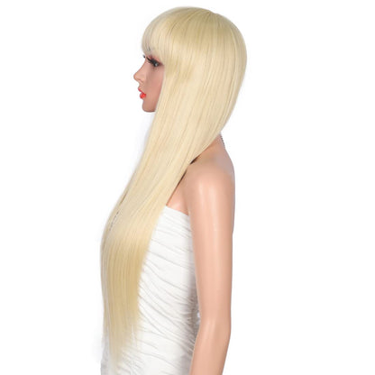 28 inches Blonde Wigs Women's Silky Long Straight Wig Heat Resistant Synthetic Wig With Bangs Hair Wig for Women