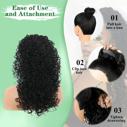 Drawstring Ponytail for Women Deep Curly Ponytail Synthetic Mixed with Human Hair Ponytails Natural Black Afro Kinky Curly Pony for Daily wear,17 Inches