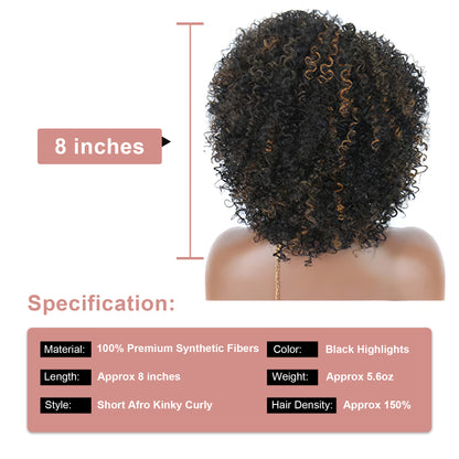 Ombre Mix Brown Highlights Short Afro Kinky Curly Wigs for Black Women Premium Synthetic Hair Wigs with Hair Bangs 150% Density Bouncy and Full Natural Looking Hair Wigs