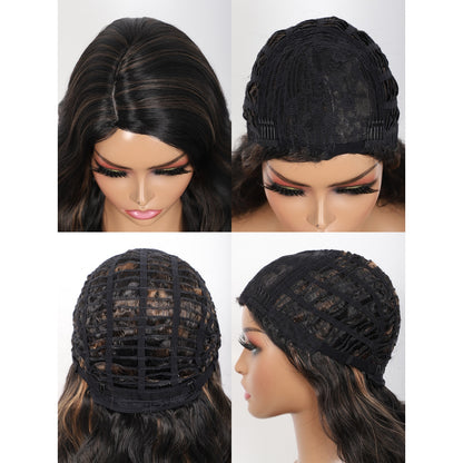 28 inches Black Brown Highlights Yaki Synthetic Hair Wigs for Women Long Body Wavy Curly Wigs L Parting Natural Looking Heat Resistant Replacement Wigs