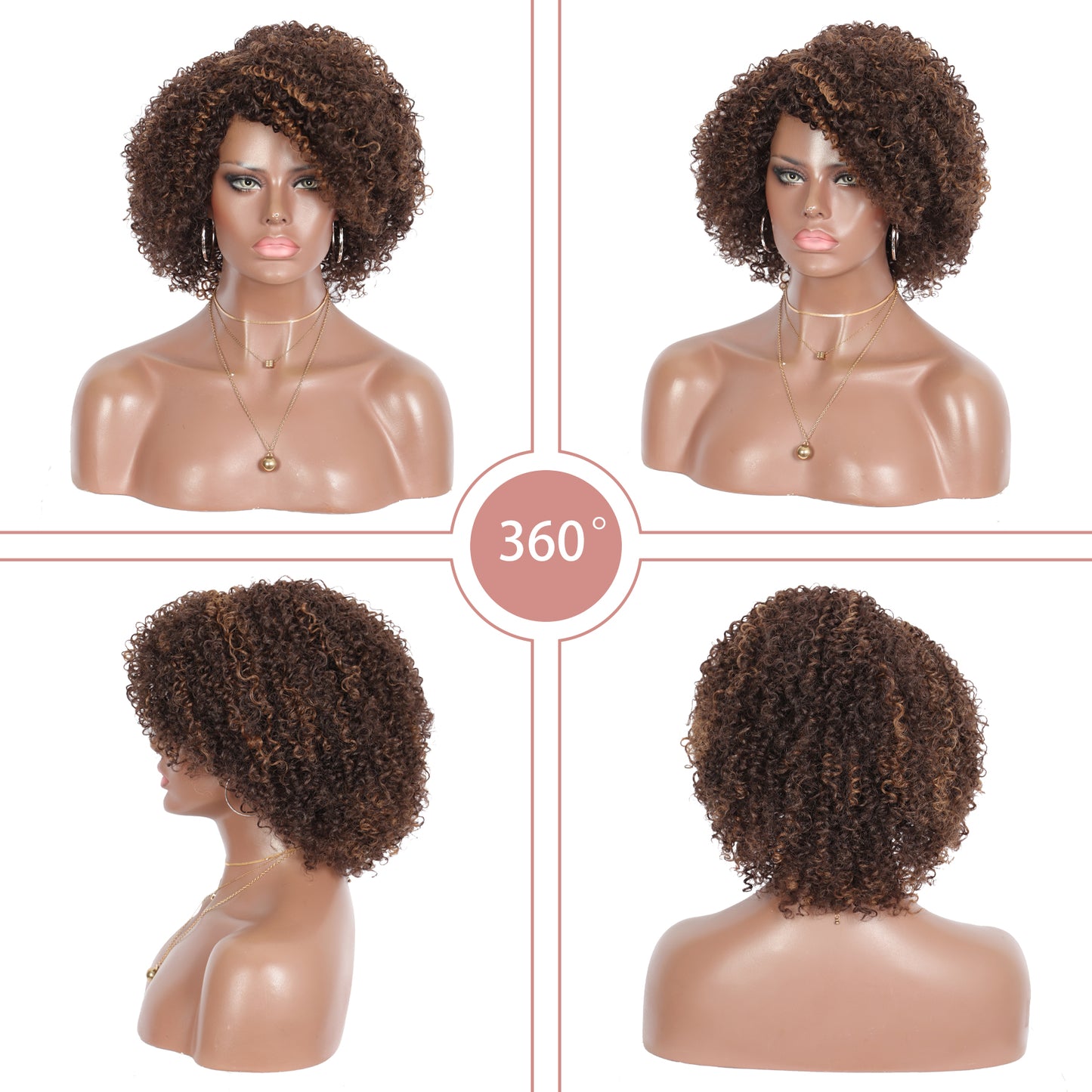 Brown Highlights Short Afro Kinky Curly Wigs for Black Women Premium Synthetic Hair Wigs with Hair Bangs 150% Density Bouncy and Full Natural Looking Hair Wigs