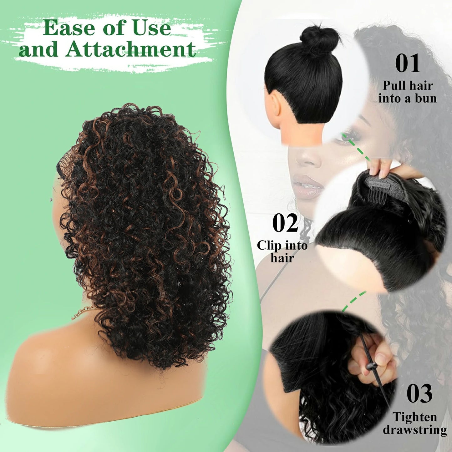 Drawstring Ponytail for Women Deep Curly Ponytail Synthetic Mixed with Human Hair Ponytails Brown Highlights Afro Kinky Curly Pony for Daily wear,17 Inches