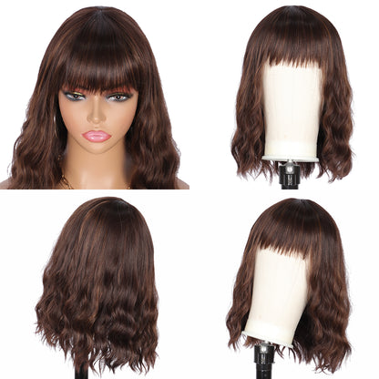 Short Synthetic Brown Highlights Wig with Hair Bangs Short Wavy Curly Wig for Women -Natural Looking and Heat Resistant Full Head Hair Replacement Wig for Daily Wear or Costume Wig