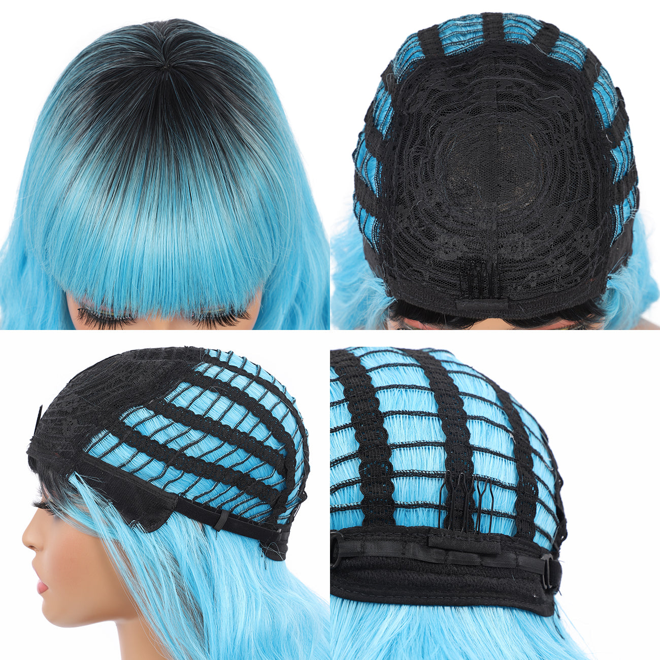 Short Synthetic Rooted ice blue with Hair Bangs Short Wavy Curly Wig for Women -Natural Looking and Heat Resistant Full Head Hair Replacement Wig for Daily Wear or Costume Wig