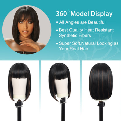 Bob Wigs for Women Short Straight Bob Wig with Hair Bangs Natural Looking Heat Resistant Synthetic Hair Wigs for Women 13 Inches (Mix Black Brown)