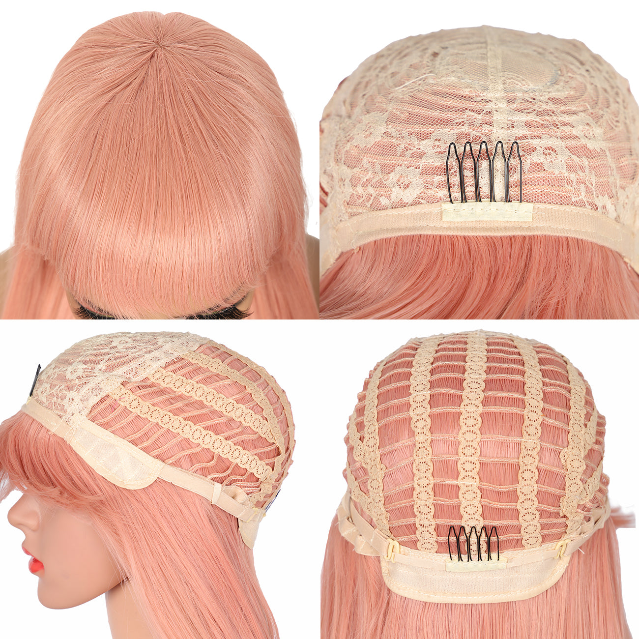 28 inches Pink Wigs Women's Silky Long Straight Wig Heat Resistant Synthetic Wig With Bangs Hair Wig for Women