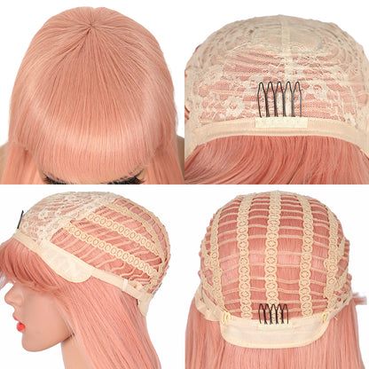 28 inches Pink Wigs Women's Silky Long Straight Wig Heat Resistant Synthetic Wig With Bangs Hair Wig for Women