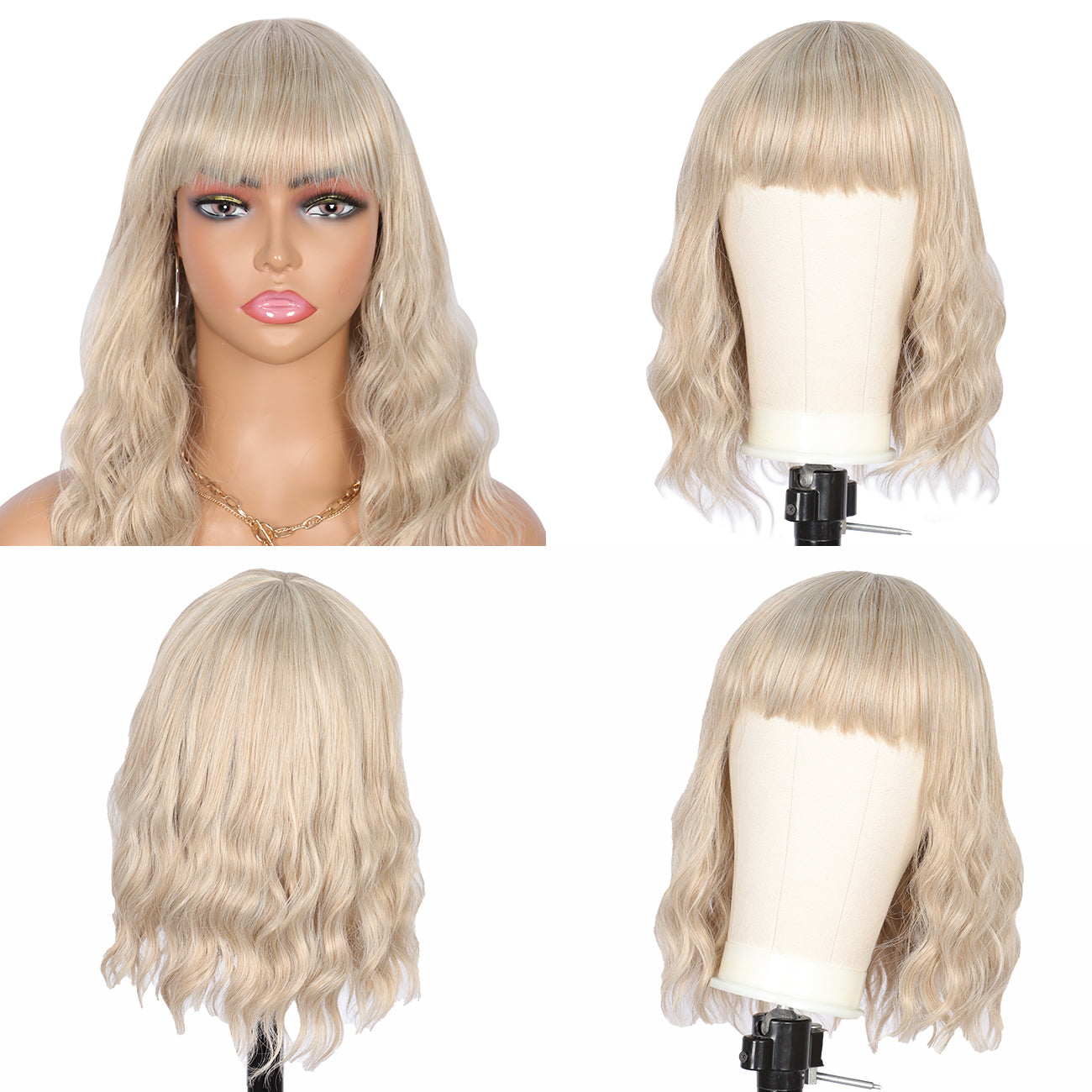 Short Synthetic Light ash blonde Wig with Hair Bangs Short Wavy Curly Wig for Women -Natural Looking and Heat Resistant Full Head Hair Replacement Wig for Daily Wear or Costume Wig