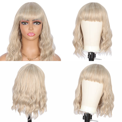 Short Synthetic Light ash blonde Wig with Hair Bangs Short Wavy Curly Wig for Women -Natural Looking and Heat Resistant Full Head Hair Replacement Wig for Daily Wear or Costume Wig