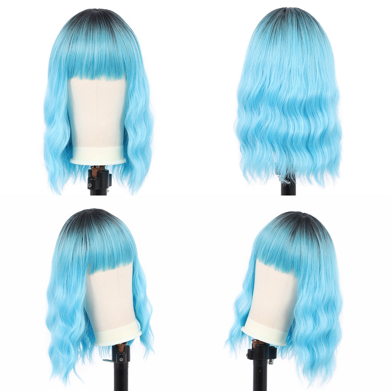 Short Synthetic Rooted ice blue with Hair Bangs Short Wavy Curly Wig for Women -Natural Looking and Heat Resistant Full Head Hair Replacement Wig for Daily Wear or Costume Wig