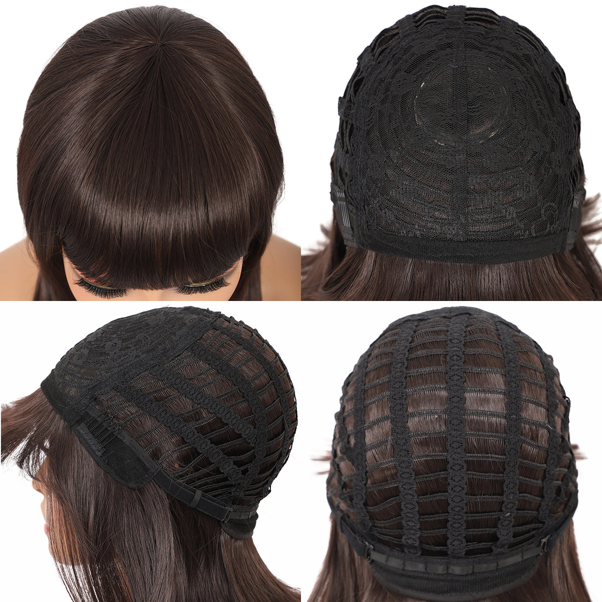 Brown Short Straight Bob Wig with Bangs Yaki Short Wig Glueless Natural Look Easy Wear 12"