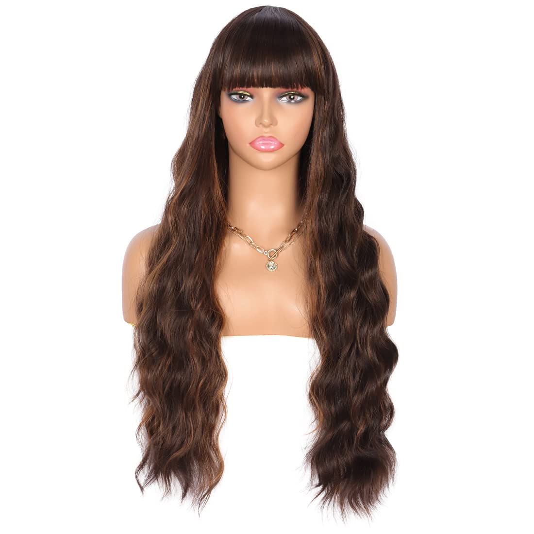 26 Inches Curly Wavy Synthetic black brown highlights Wigs with Hair Bangs Heat Resistant Synthetic Wigs for Women Natural Looking Women's Costume Cosplay or Daily Wear Hairpiece