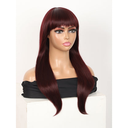 22" Long Straight Silky Smooth Synthetic Hair Wigs with Bangs for Women High Temperature Yaki Texture Full Hair Wigs for Women (Burgundy Red)