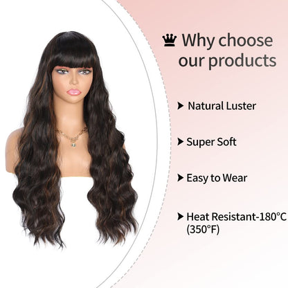 26 Inches Curly Wavy Synthetic Mix Black Brown Wigs with Hair Bangs Heat Resistant Synthetic Wigs for Women Natural Looking Women's Costume Cosplay or Daily Wear Hairpiece