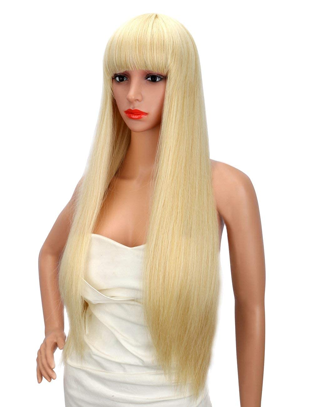 28 inches Blonde Wigs Women's Silky Long Straight Wig Heat Resistant Synthetic Wig With Bangs Hair Wig for Women