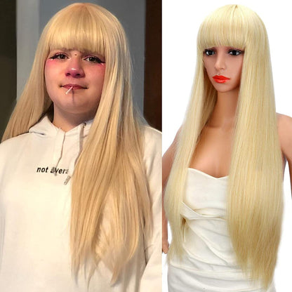 28 inches Blonde Wigs Women's Silky Long Straight Wig Heat Resistant Synthetic Wig With Bangs Hair Wig for Women