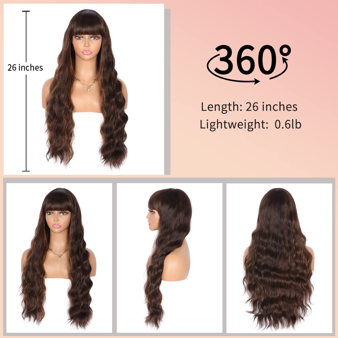 26 Inches Curly Wavy Synthetic black brown highlights Wigs with Hair Bangs Heat Resistant Synthetic Wigs for Women Natural Looking Women's Costume Cosplay or Daily Wear Hairpiece